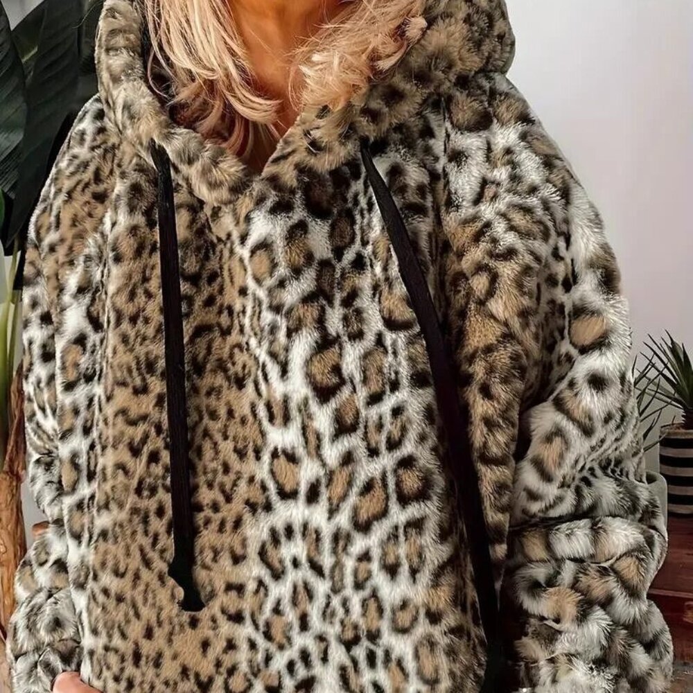 FAUX FUR Leopard Knit Hoodie Long Sleeve Size XL 1X